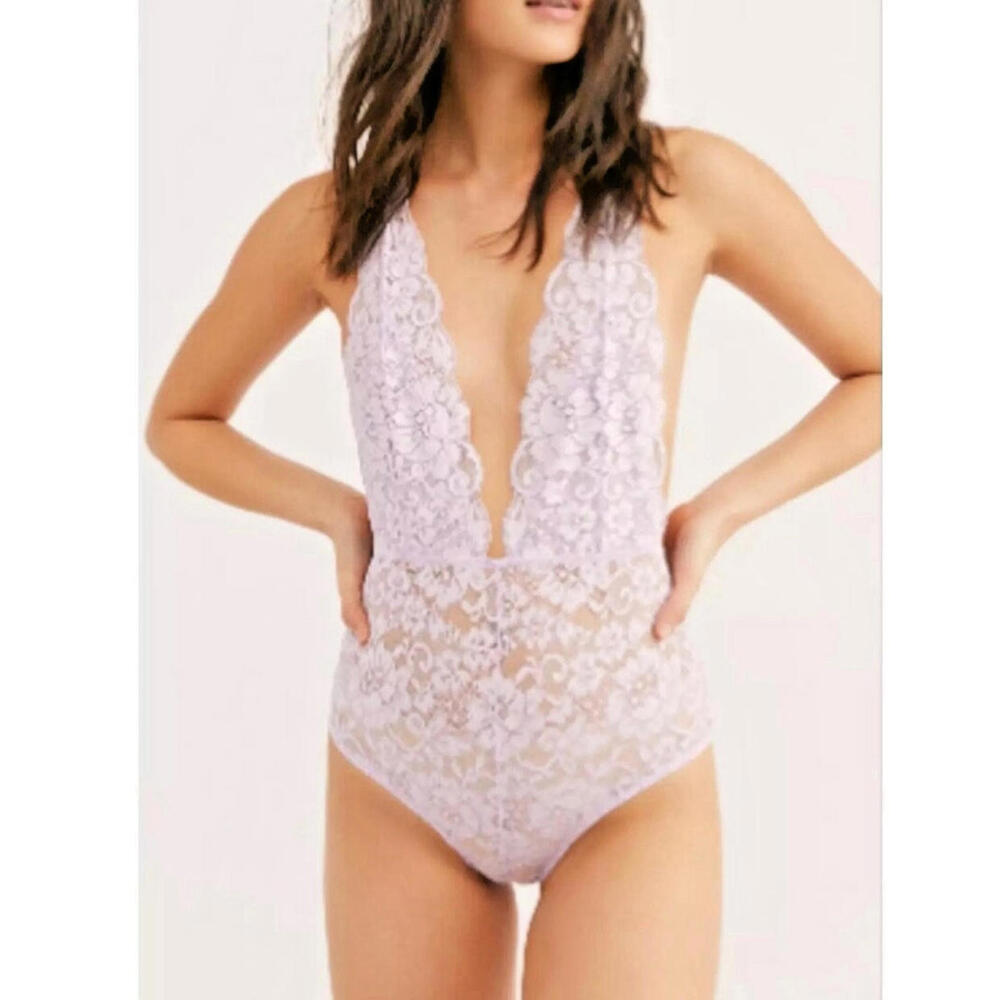 NWT FREE PEOPLE We Are HaH  Coming In HAHT Lace Bodysuit Lavender 62416A SIZE L